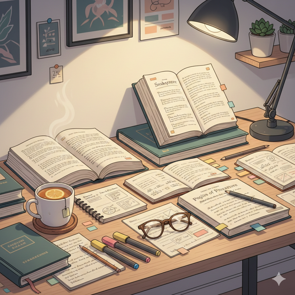 A study desk with open (Englitorner) English Literature books, organized notes, highlighted text, and stationery showing an effective notes strategy for exam preparation.