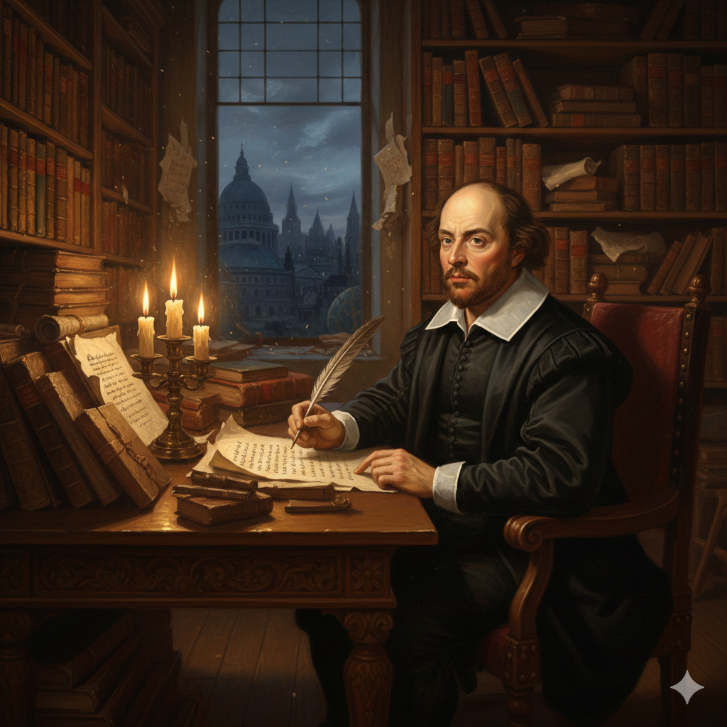 "William Shakespeare writing with a quill in an Elizabethan study."