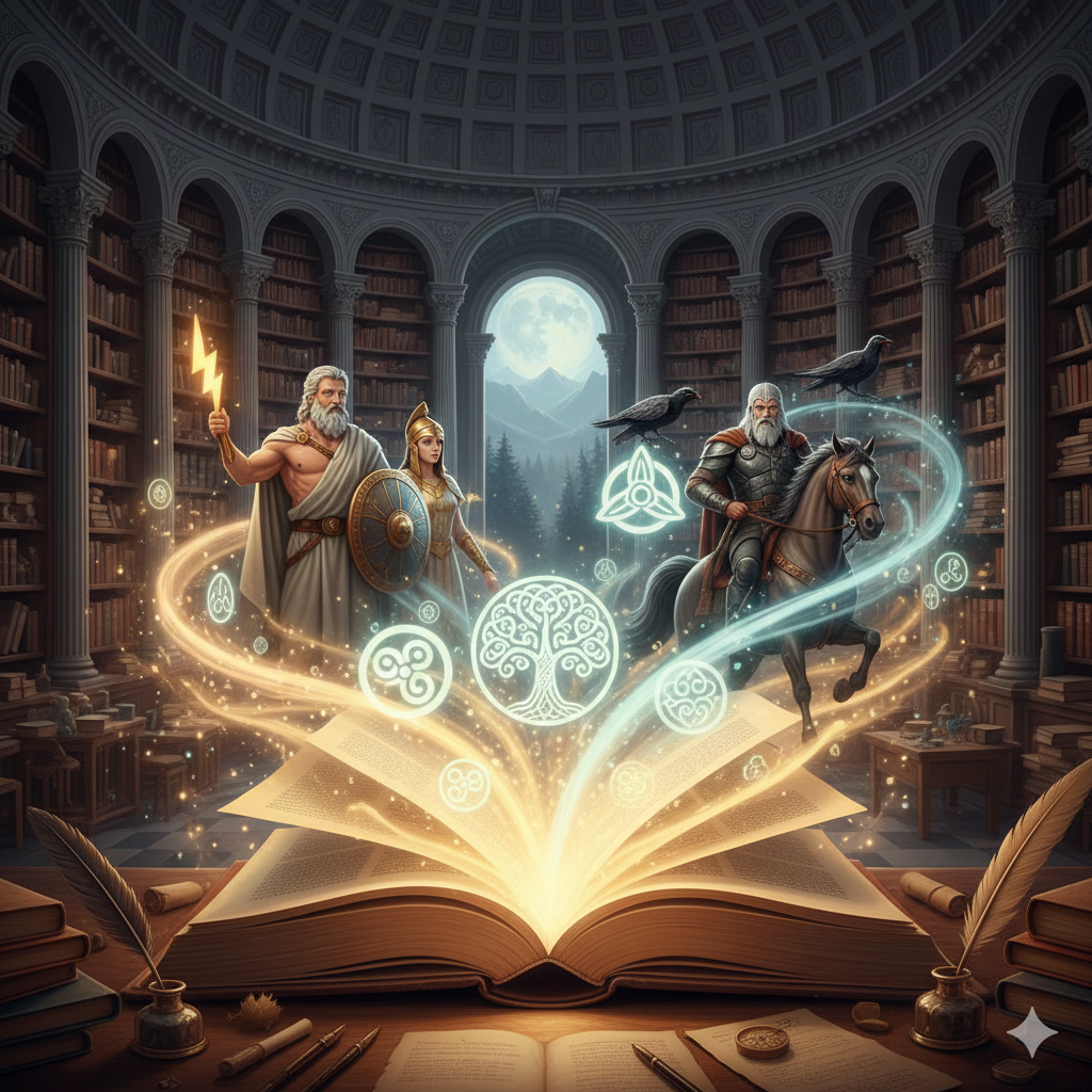 Illustration showing Greek, Norse, and Celtic mythological figures emerging from an open book, symbolizing mythology in English literature.