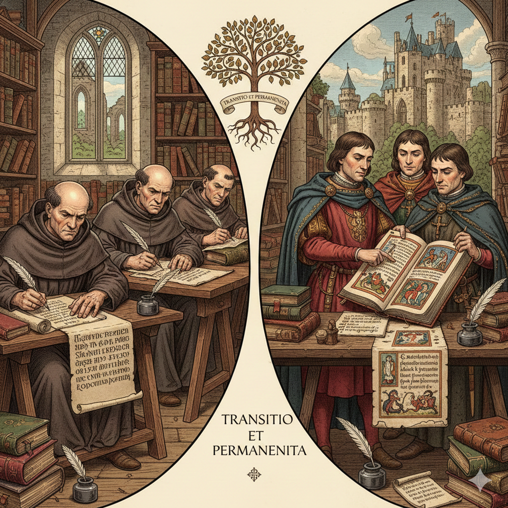 Illustration showing Anglo-Saxon and Norman literary cultures side by side, highlighting change and continuity in English literature after the Norman Conquest.
