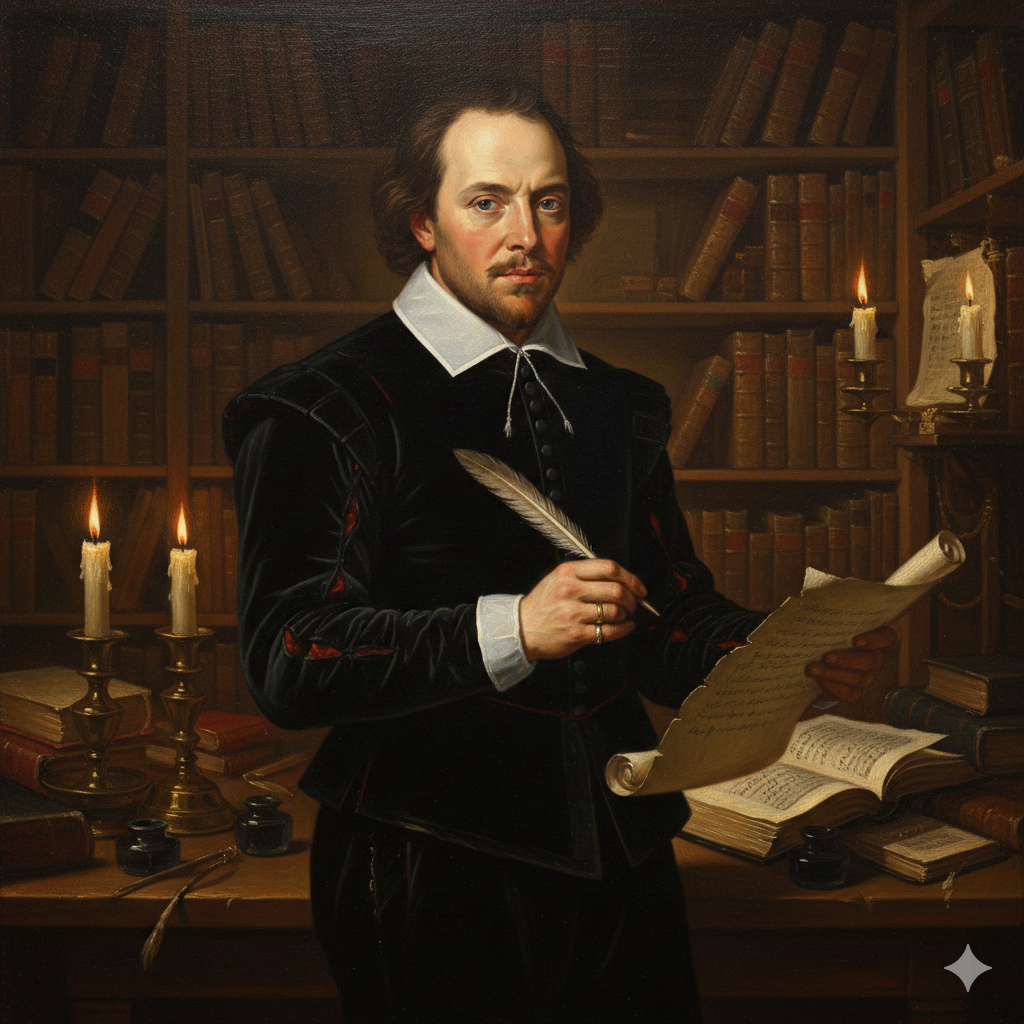Portrait of William Shakespeare in Elizabethan attire, holding a quill in a candle-lit study surrounded by manuscripts.