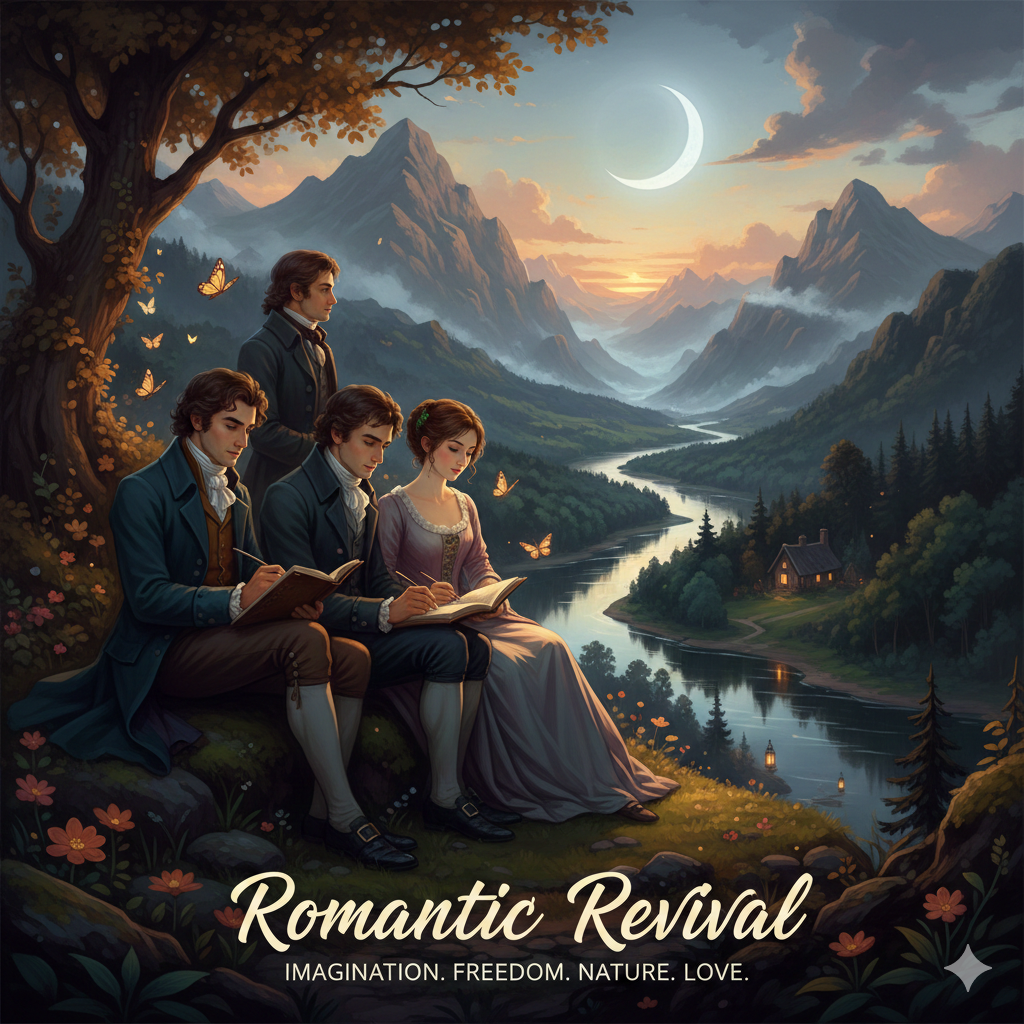 Romantic Revival in English literature showing poets inspired by nature, emotion, imagination, and freedom