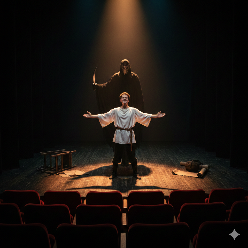 Illustration showing how dramatic irony works with audience awareness of hidden danger behind an unaware character.