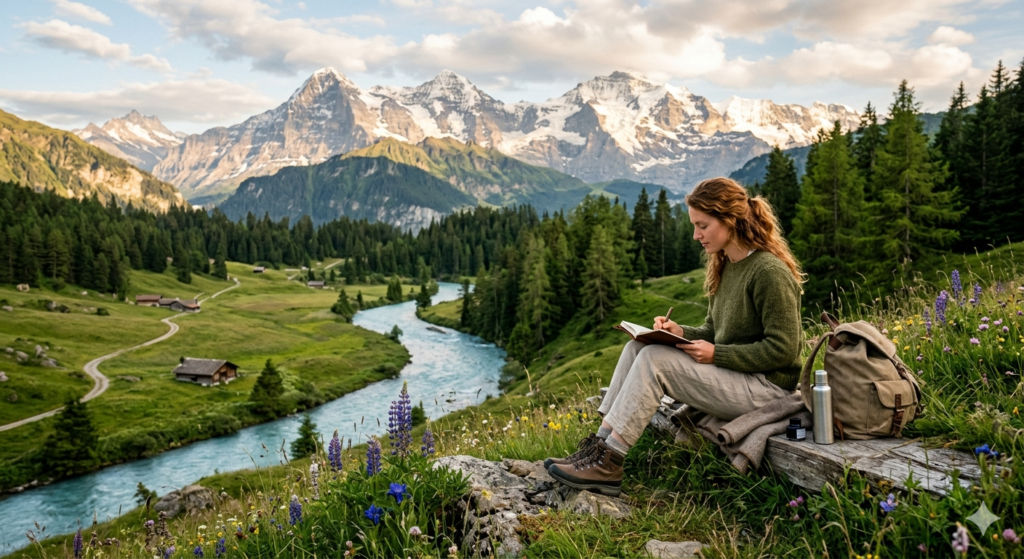 Romantic poetry inspired by nature showing a poet writing in a natural landscape