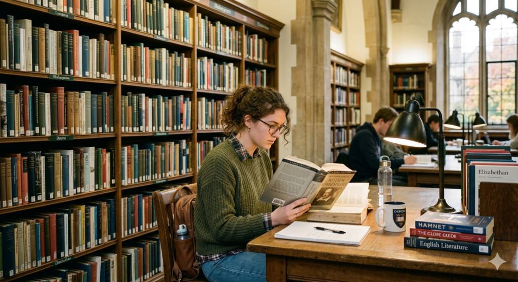 Modern student reading Shakespeare in a library showing relevance of Shakespeare today